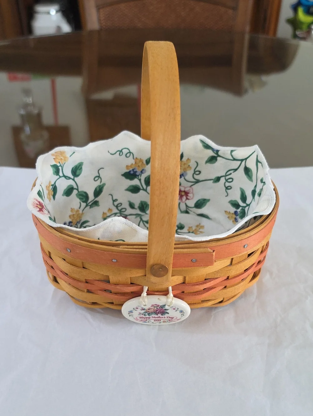 1999 Mothers Day Longaberger Floral-Lined Basket With Liner And Tie On